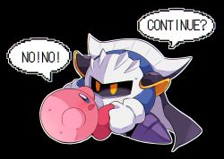 Rule 34 | 1boy, 1other, armor, black background, blue eyes, blue skin, blush, cape, chromatic aberration, colored skin, english text, gloves, grabbing another&#039;s feet, highres, imminent rape, kirby, kirby (series), knight, mask, meta knight, mittens, nintendo, no humans, open mouth, outline, pauldrons, pink skin, purple footwear, pushing, pushing away, scared, sexually suggestive, shoulder armor, simple background, speech bubble, subaru331, sweat, sweatdrop, talking, white gloves, white mittens, white outline, yellow eyes