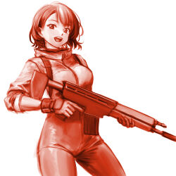 Rule 34 | 1girl, :d, baraduke, bodysuit, breasts, cowboy shot, gloves, gun, highres, holding, holding gun, holding weapon, legs apart, medium breasts, minamoto80486, monochrome, open mouth, red theme, short hair, simple background, smile, solo, spacesuit, standing, teeth, toby masuyo, trigger discipline, upper teeth only, weapon, white background