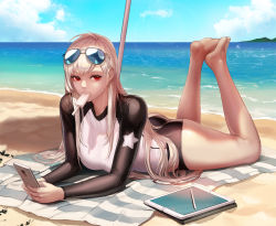 Rule 34 | 1girl, absurdres, ass, barefoot, beach, blonde hair, bodysuit, cellphone, day, diving suit, dungeon and fighter, eyewear on head, female slayer (dungeon and fighter), food, food in mouth, highres, holding, holding phone, legs up, lens flare, long hair, looking at viewer, lying, mole, mole on ass, monaim, ocean, on stomach, phone, popsicle, red eyes, solo, sunglasses, sunglasses on head, sweat, swimsuit, the pose, wetsuit