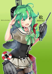 Rule 34 | 1girl, absurdres, ahoge, black choker, black gloves, black pantyhose, blush, bow, bowtie, breasts, character name, choker, gloves, green background, green bow, green bowtie, green eyes, green hair, hair ribbon, highres, himura moritaka, innertube, kantai collection, long hair, matsu (kancolle), one-hour drawing challenge, one eye closed, open mouth, pantyhose, pleated skirt, ribbon, rigging, salute, short sleeves, simple background, single glove, skirt, solo, swim ring, twitter username