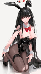 Rule 34 | 1girl, animal ears, bare shoulders, black hair, black leotard, blue archive, blunt bangs, blush, bow, bowtie, breasts, cleavage, covered navel, dema hmw, detached collar, fake animal ears, hair ornament, hairclip, halo, highleg, highleg leotard, highres, large breasts, leotard, long hair, looking at viewer, pantyhose, playboy bunny, rabbit ears, rabbit tail, red eyes, rio (blue archive), solo, strapless, strapless leotard, tail, very long hair, wrist cuffs