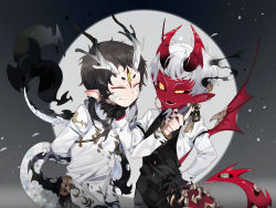 Rule 34 | 21 ke, 2boys, :3, antlers, arm strap, black background, black hair, black horns, black pants, black sclera, black vest, changpao, chinese clothes, chinese commentary, claws, closed eyes, closed mouth, collared shirt, colored sclera, colored skin, demon boy, demon horns, demon tail, demon wings, dragon boy, dragon tail, ear piercing, earrings, extra eyes, fang, gradient horns, grey background, hand on another&#039;s chin, hand on own hip, hand up, highres, holding, holding smoking pipe, horns, jewelry, kiseru, long hair, long sleeves, looking at another, low ponytail, male focus, multicolored background, multicolored horns, multiple boys, open mouth, original, pants, piercing, pointy ears, red horns, red pupils, red skin, red tail, red wings, shirt, short eyebrows, short hair, slit pupils, smoking pipe, standing, tail, third eye, upper body, vest, white hair, white scales, white shirt, wings, yellow eyes