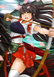 Rule 34 | 10s, 1girl, akagi (kancolle), archery, blush, bow (weapon), brown eyes, brown hair, cherry blossoms, flight deck, gloves, horse, horseback riding, japanese clothes, kantai collection, kyuudou, long hair, md5 mismatch, muneate, open mouth, partially fingerless gloves, partly fingerless gloves, personification, petals, quiver, riding, side ponytail, single glove, skirt, smile, solo, thighhighs, weapon, white thighhighs, yamasan (hachiman), yugake