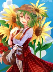 Rule 34 | 1girl, :d, arm up, artist name, ascot, basket, blue sky, breasts, closed umbrella, cloud, cowboy shot, day, flower, gloves, green hair, hair between eyes, hair flower, hair ornament, hat, highres, kanta (pixiv9296614), kazami yuuka, long sleeves, looking at viewer, medium breasts, open clothes, open mouth, open vest, outdoors, plaid, plaid skirt, plaid vest, red eyes, red flower, red rose, rose, shirt, short hair, skirt, sky, smile, solo, standing, straw hat, sunflower, sunflower hair ornament, teeth, touhou, umbrella, upper teeth only, vest, white gloves, white shirt, yellow ascot