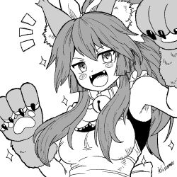Rule 34 | 1girl, animal ear fluff, animal ears, animal hands, apron, artist name, bare shoulders, bell, blush, breasts, collar, commentary, fangs, fate/grand order, fate (series), fox ears, fox girl, greyscale, hair between eyes, kusama takato, long hair, looking at viewer, monochrome, neck bell, notice lines, open mouth, ponytail, signature, solo, sparkle, tamamo (fate), tamamo cat (fate), tamamo cat (second ascension) (fate), upper body