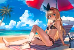 1girl absurdres ankle_ribbon arm_support barefoot beach beach_umbrella bikini black_bikini black_bow black_hairband black_ribbon blonde_hair blue_eyes blue_sky blush bow bow_hairband breasts closed_mouth cloud cumulonimbus_cloud day feet hair_between_eyes hairband hepari highres isurugi_mio knee_up leg_ribbon legs long_hair looking_at_viewer medium_breasts mm! mountainous_horizon ocean outdoors palm_tree ribbon shade shiny_skin shore side-tie_bikini_bottom sitting sky smile soles solo swimsuit toes tree twitter_username umbrella very_long_hair water