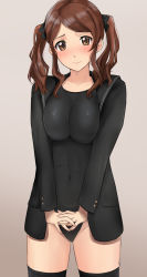 Rule 34 | 1girl, amagami, black jacket, black one-piece swimsuit, black sailor collar, black thighhighs, breasts, brown eyes, brown hair, covered navel, cowboy shot, highres, impossible clothes, impossible swimsuit, jacket, kibito high school uniform, large breasts, medium hair, nakata sae, one-piece swimsuit, parted bangs, sailor collar, school uniform, solo, swimsuit, swimsuit under clothes, thighhighs, twintails, v arms, yoo tenchi