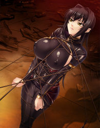 Rule 34 | &gt;:|, 1girl, :|, annerose vajra, annoyed, bdsm, black bodysuit, black hair, bodysuit, bondage, bound, bound arms, bound legs, breasts, clenched hands, closed mouth, covered erect nipples, debris, dutch angle, game cg, hair between eyes, hair intakes, impossible bodysuit, impossible clothes, kagami hirotaka, koutetsu no majo annerose, koutetsu no majo anneroze, large breasts, legs together, lipstick, long hair, looking to the side, makeup, pink lips, pointy ears, restrained, shadow, shiny clothes, sideboob, skin tight, solo, standing, tile floor, tiles, v-shaped eyebrows, yellow eyes, zipper