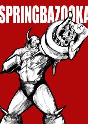 Rule 34 | 2boys, biceps, blank eyes, buffaloman, greyscale with colored background, highres, horns, index finger raised, kinnikuman, large pectorals, looking at viewer, looking up, manly, monochrome, monster boy, multiple boys, muscular, no mouth, pectorals, red background, smile, springman (kinnikuman), teamwork, yoshiokanp