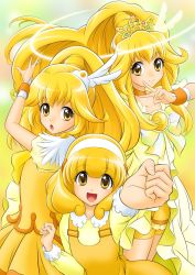 Rule 34 | 10s, 3girls, blonde hair, blush, bow, choker, cure peace, cure peace (princess form), dress, dual persona, hair flaps, hairband, halo, highres, kise yayoi, long hair, magical girl, mattsua, multiple girls, multiple persona, open mouth, ponytail, precure, princess form (smile precure!), short hair, skirt, smile, smile precure!, tiara, v, white hairband, wrist cuffs, yellow bow, yellow dress, yellow eyes, yellow skirt, yellow theme