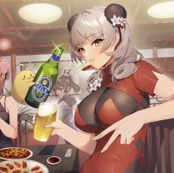 Rule 34 | 3girls, azur lane, beer bottle, bodystocking, breasts, character request, china dress, chinese clothes, cleavage, double bun, dress, food, food request, framed breasts, from side, grey eyes, grey hair, hair bun, indoors, large breasts, luetzow (azur lane), maitei roppa, manjuu (azur lane), mouth hold, multiple girls, ning hai (azur lane), panda, ping hai (azur lane), purple dress, red dress, seydlitz (azur lane), short sleeves
