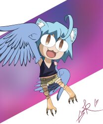 Rule 34 | 1girl, :3, absurdres, ahoge, animal ear fluff, animal ears, artist request, bare shoulders, bird legs, black tank top, blue feathers, blue hair, brown eyes, cat ears, chibi, claws, feathered wings, feathers, fusion, hair between eyes, harpy, highres, monster girl, monster musume no iru nichijou, neco-arc, open mouth, papi (monster musume), purple background, second-party source, shorts, solo, talons, tank top, tsukihime, two-tone background, white background, wings