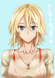 Rule 34 | 1girl, allison (summer lesson), blonde hair, blue eyes, jewelry, necklace, nishiumi yuuta, short hair, simple background, solo, summer lesson