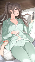 1boy 1girl anger_vein bed_sheet blush breasts brother_and_sister brown_hair cellphone cleavage clenched_hand collarbone green_pajamas hair_spread_out highres holding holding_phone indoors kuze_masachika long_hair lying medium_breasts midriff_peek navel no_bra nonbire on_back out_of_frame pajamas phone ponytail siblings sidelocks smile solo_focus stomach suou_yuki tokidoki_bosotto_roshia-go_de_dereru_tonari_no_alya-san unbuttoned very_long_hair wooden_floor