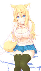 Rule 34 | 1girl, animal ear fluff, animal ears, aoi (naomi), black thighhighs, blonde hair, blue eyes, breasts, cleavage, cleavage cutout, clothing cutout, fox ears, fox tail, hutaba aoi, large breasts, long hair, looking at viewer, meme attire, miniskirt, nanashin naomi, open-chest sweater, original, pleated skirt, ribbed sweater, sitting, sketch, skirt, solo, sweater, tail, thighhighs, thighs, turtleneck, zettai ryouiki