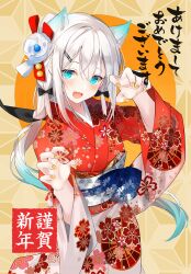 Rule 34 | 1girl, :d, absurdres, animal ears, aqua eyes, black bow, bow, chroemaguro, commentary request, floral print, flower, furisode, gradient hair, hair between eyes, hair bow, hair flower, hair ornament, hairclip, happy new year, highres, japanese clothes, kimono, long hair, long sleeves, looking at viewer, multicolored hair, new year, obi, open mouth, original, paw pose, print kimono, red kimono, sash, smile, solo, standing, translation request, white flower, white hair, wide sleeves, yellow nails