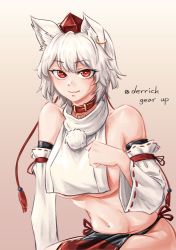 Rule 34 | 1girl, adapted costume, animal collar, animal ear fluff, animal ears, artist name, bare shoulders, breast curtain, breasts, closed mouth, collar, commentary request, cowboy shot, derrick gear up, detached sleeves, earrings, hat, heart, highres, inubashiri momiji, jewelry, korean commentary, large breasts, navel, pelvic curtain, pom pom (clothes), red eyes, revealing clothes, ribbon-trimmed sleeves, ribbon trim, short hair, signature, smile, solo, tokin hat, touhou, turtleneck, underboob, white hair, white sleeves, wolf ears