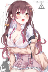 1girl, artist name, bangs, blush, bra, bra through clothes, braid, breasts, brown eyes, brown hair, brown jacket, cleavage, collarbone, commentary request, copyright request, devil heavens, earrings, eyebrows visible through hair, hair ornament, hairpin, heart, heart earrings, highres, jacket, jewelry, large breasts, long hair, off shoulder, open mouth, pink bra, pixiv id, shirt, solo, twitter username, underwear, very long hair, virtual youtuber, watermark, white shirt