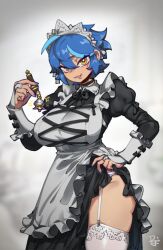 Rule 34 | 1girl, alternate costume, bell, blue hair, blue nails, blush, breasts, brown eyes, clothes lift, dif (difman), difman, enmaided, garter belt, highres, holding, holding bell, large breasts, long sleeves, maid, maid headdress, mole, mole under eye, multicolored hair, original, parted lips, short hair, smile, solo, thighhighs, white thighhighs