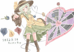 Rule 34 | 1girl, black thighhighs, blue eyes, blue flower, blue rose, bow, character name, cross-laced footwear, dartboard, female focus, flower, green hair, hat, hat bow, heart, heart of string, highres, karua m, komeiji koishi, one eye closed, rose, simple background, skirt, smile, solo, thighhighs, third eye, touhou, white background, wink