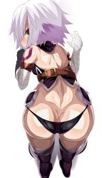 Rule 34 | 1girl, ass, bad id, bad twitter id, bandages, bare shoulders, belt, bent over, black panties, black thighhighs, blush, breasts, butt crack, fate/apocrypha, fate (series), from above, from behind, gloves, jack the ripper (fate/apocrypha), leaning forward, looking at viewer, looking back, open mouth, panties, revealing clothes, scar, shimejinameko, shiny clothes, shiny skin, short hair, silver hair, simple background, skindentation, small breasts, solo, tattoo, thighhighs, underwear, white background