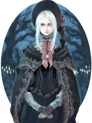 Rule 34 | 1girl, bloodborne, bonnet, cloak, doll joints, flower, from software, joints, long hair, looking at viewer, plain doll, pochi (pochi-goya), rose, solo, swept bangs, tree, white hair, yellow eyes