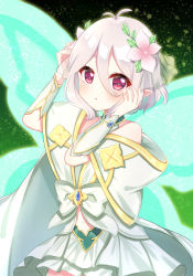 Rule 34 | 1girl, antenna hair, arm up, bare shoulders, bow, butterfly wings, commentary request, dress, flower, green wings, hair between eyes, hair flower, hair ornament, hand up, highres, insect wings, kokkoro (princess) (princess connect!), kokkoro (princess connect!), navel, pink flower, pleated dress, pointy ears, princess connect!, red eyes, silver hair, solo, suzu (minagi), transparent wings, white bow, white dress, wings
