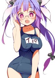 Rule 34 | 10s, 1girl, 9law, bad id, bad pixiv id, bespectacled, blue hair, breasts, fang, female focus, glasses, gradient hair, hair ribbon, i-19 (kancolle), kantai collection, large breasts, long hair, looking at viewer, multicolored hair, one-piece swimsuit, open mouth, pink eyes, purple hair, ribbon, school swimsuit, simple background, solo, star-shaped pupils, star (symbol), swimsuit, symbol-shaped pupils, white background