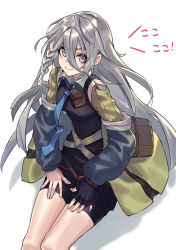 Rule 34 | 1girl, bike shorts, commentary request, detached sleeves, fingerless gloves, girls&#039; frontline, gloves, grey eyes, hair between eyes, hands on thighs, highres, hoshino (illyasviel), long hair, silver hair, single glove, smile, solo, tank top, very long hair, white background, xm8 (girls&#039; frontline)