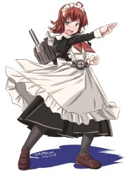 Rule 34 | 10s, 1girl, alternate costume, apron, arashi (kancolle), belt, black dress, black pantyhose, cannon, dress, enmaided, grey eyes, kantai collection, kerchief, machinery, maid, maid apron, maid headdress, messy hair, official art, open mouth, pantyhose, puffy sleeves, red hair, short hair, solo, tatsumi ray, thighhighs, turret