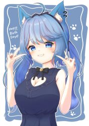 Rule 34 | 1girl, absurdres, ahoge, animal ear piercing, animal ears, black bow, black bowtie, black dress, black hairband, blue background, blue eyes, blue hair, blush, bow, bowtie, breasts, brooch, cleavage, cleavage cutout, clothing cutout, collared dress, commentary request, dog ears, dog girl, double v, dress, earrings, fingernails, frilled shirt collar, frills, grin, hair bow, hairband, happy birthday, highres, ito mofumofu, jewelry, large breasts, long hair, looking at viewer, low twintails, medium bangs, multiple earrings, nail polish, nanashi inc., official alternate costume, paw print, pink nails, sleeveless, sleeveless dress, smile, solo, souya ichika, souya ichika (6th costume), twintails, typo, upper body, v, virtual youtuber, white background