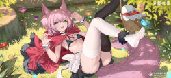 Rule 34 | 1girl, absurdres, animal, animal ear fluff, animal ears, apple, ass, asymmetrical legwear, basket, bikini, black bikini, black skirt, black thighhighs, blush, bug, butterfly, character request, claw pose, cloak, commentary request, copyright name, day, fingernails, food, frilled bikini, frills, fruit, fur-trimmed cloak, fur trim, green eyes, hair between eyes, haze/reverb, highres, insect, long fingernails, looking at viewer, lying, mismatched legwear, mushroom, no shoes, official art, on back, on grass, open mouth, outdoors, pink hair, pleated skirt, red apple, red cloak, roi (liu tian), sharp fingernails, skirt, snail, soles, solo, squirrel, swimsuit, tail, thighhighs, tree stump, white thighhighs, wrist cuffs