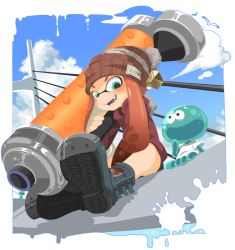 Rule 34 | 1girl, bad id, bad pixiv id, beanie, boots, bridge, dynamo roller, fangs, hat, inkling, inkling girl, inkling player character, jellyfish, jellyfish (splatoon), long hair, nintendo, open mouth, paint roller, splat roller (splatoon), splatoon (series), splatoon 1, sweater, tentacle hair, ticktack chicken