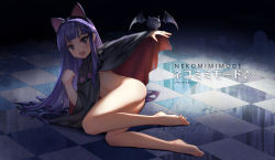 Rule 34 | 1girl, animal ears, arm up, ass, barefoot, bat (animal), black eyes, black hair, blunt bangs, cape, cat ears, checkered floor, clenched hand, fake animal ears, fang, feet, hazuki (tsukuyomi), long hair, lying, naked cape, navel, observerz, on side, open mouth, smile, solo, song name, toes, tsukuyomi moonphase, v-shaped eyebrows