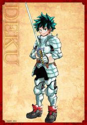 Rule 34 | 1boy, alternate costume, armor, armored boots, boku no hero academia, boots, breastplate, character name, closed mouth, curly hair, eyebrows, foot armor, freckles, full body, gloves, green eyes, green hair, highres, holding, holding sword, holding weapon, horikoshi kouhei, knee pads, looking at viewer, male focus, midoriya izuku, official art, pale skin, shoes, short hair, smile, sneakers, solo, solo focus, standing, sword, weapon