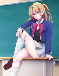 Rule 34 | 1girl, arm support, black vest, blonde hair, blue jacket, blush, bow, bowtie, brown footwear, chalkboard, classroom, closed mouth, collared shirt, commentary, cropped jacket, desk, foot out of frame, grey skirt, hair between eyes, hattyake7, highres, hoshino ruby, indoors, jacket, knee up, kneehighs, loafers, long hair, long sleeves, looking at viewer, mismatched pupils, on desk, one side up, open clothes, open jacket, oshi no ko, panties, pantyshot, pink bow, pink bowtie, pink eyes, pleated skirt, school uniform, shirt, shoes, sidelocks, sitting, on desk, skirt, smile, socks, solo, star-shaped pupils, star (symbol), symbol-shaped pupils, thighs, underwear, vest, white panties, white shirt, white socks, youtou high school uniform