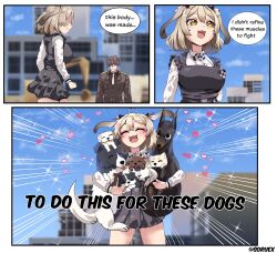 Rule 34 | 1boy, 1girl, 3koma, absurdres, ahoge, animal, animal ears, animal hug, belt, biscuit (nikke), black dress, bow, bowtie, breasts, checkered bow, checkered bowtie, checkered clothes, chestnut mouth, comic, commander (nikke), dog, dog ears, dog girl, dress, dress shirt, english text, fangs, goddess of victory: nikke, grappler baki, hair ribbon, heart, highres, large breasts, light brown hair, medium hair, parody, puffy sleeves, ribbon, shirt, soruex, yellow eyes