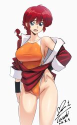 1girl artist_name blue_eyes braid braided_ponytail breasts chinese_clothes competition_swimsuit dated genderswap genderswap_(mtf) hand_on_own_hip highleg highleg_one-piece_swimsuit highres large_breasts long_hair looking_at_viewer one-piece_swimsuit open_mouth orange_one-piece_swimsuit ranma-chan ranma_1/2 red_hair red_shirt shirt signature simple_background solo standing swimsuit swimsuit_under_clothes tangzhuang two-tone_swimsuit white_background yoo_tenchi