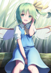 Rule 34 | 1girl, :d, absurdres, ascot, between legs, bloom, blue skirt, blue vest, blurry, blurry background, blush, daiyousei, day, eyes visible through hair, fairy wings, feet out of frame, green eyes, green hair, hair between eyes, hair ribbon, hand between legs, hand in own hair, hand up, highres, knees together feet apart, light particles, looking at viewer, medium hair, messiah &amp; crea, one side up, open mouth, outdoors, puffy short sleeves, puffy sleeves, ribbon, short sleeves, sitting, skirt, smile, solo, touhou, vest, wing collar, wings, yellow ascot, yellow ribbon