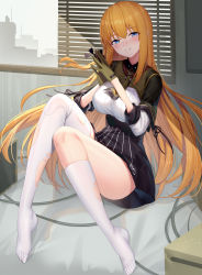 Rule 34 | 1girl, ash arms, asymmetrical clothes, bed sheet, black skirt, blue eyes, blush, box, breasts, character request, commentary request, day, full body, gloves, green gloves, high-waist skirt, highres, indoors, junkers ju87b stuka (ash arms), kneehighs, knees up, large breasts, long hair, long sleeves, looking at viewer, miniskirt, no shoes, on bed, orange hair, own hands together, parted lips, ririko (zhuoyandesailaer), shirt, shrug (clothing), single kneehigh, single sock, single thighhigh, skirt, smile, socks, solo, straight hair, thighhighs, underbust, very long hair, white shirt, white socks, window