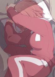 Rule 34 | 1girl, arms up, breasts, brown hair, commentary request, covering face, feet out of frame, from side, hatafuta, head on pillow, hoshino miyako (wataten), jacket, large breasts, long sleeves, lying, on bed, on side, pants, pillow, red jacket, red pants, short hair, solo, track jacket, track pants, track suit, watashi ni tenshi ga maiorita!