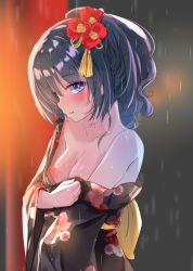 Rule 34 | 1girl, ameth (princess connect!), aono (f i s), bare shoulders, black hair, black kimono, blue eyes, blush, bow, breasts, breasts out, collarbone, commentary request, eyelashes, facing to the side, fingernails, flashing, floral print, flower, hair between eyes, hair flower, hair ornament, highres, japanese clothes, kimono, long fingernails, long sleeves, looking at viewer, makeup, mascara, medium breasts, medium hair, nipples, no bra, obi, off shoulder, open mouth, parted lips, pointy ears, princess connect!, print kimono, rain, red flower, sash, short hair, sidelocks, sideways glance, sideways mouth, small breasts, smile, solo, tassel, upper body, wet, wet clothes, wet hair, wet kimono, wide sleeves, yellow bow, yukata
