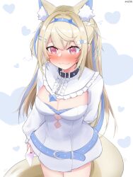Rule 34 | 1girl, absurdres, animal ear fluff, animal ears, bandaid, bandaid hair ornament, belt, belt collar, black collar, blonde hair, blue belt, blue hair, blush, breasts, cleavage, cleavage cutout, clothing cutout, collar, dog ears, dog girl, dog tail, dress, fuwawa abyssgard, fuwawa abyssgard (1st costume), hair ornament, hairpin, highres, holding, holding letter, hololive, hololive english, large breasts, letter, long hair, looking at viewer, love letter, miixxc, multicolored hair, pink eyes, short dress, sidelocks, smile, spiked collar, spikes, streaked hair, tail, two side up, virtual youtuber, white background, white dress