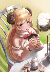 Rule 34 | 1girl, ahoge, animal ears, bare shoulders, blonde hair, blue eyes, bow, bowtie, breasts, brooch, bubble tea, cup, detached sleeves, disposable cup, dress, drinking, drinking straw, from above, fur-trimmed dress, fur-trimmed sleeves, fur trim, hair ornament, hairclip, highres, holding, holding cup, hololive, horns, jewelry, jojobirdz, kettle, large breasts, long hair, looking at viewer, purple eyes, red bow, red bowtie, sheep ears, sheep girl, sheep horns, sitting, sleeveless, sleeveless dress, solo, tiered tray, tsunomaki watame, tsunomaki watame (street casual), very long hair, virtual youtuber, white dress
