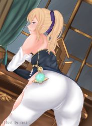Rule 34 | 1girl, absurdres, ass, bare shoulders, blonde hair, blue eyes, blush, bow, breasts, cameltoe, from behind, genshin impact, gloves, hair bow, highres, huge ass, jean (genshin impact), large breasts, leaning, leaning forward, long hair, looking at viewer, looking back, pants, ponytail, reiz, sideboob, solo, tight clothes, tight pants