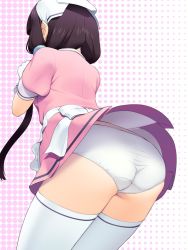 Rule 34 | 1girl, apron, blend s, bow, cowboy shot, female focus, from behind, gloves, head scarf, highres, hyou itto, long hair, maid, panties, pantyshot, pink shirt, pink skirt, polka dot, polka dot background, puffy short sleeves, puffy sleeves, purple hair, sakuranomiya maika, shirt, short sleeves, skirt, solo, thighhighs, underwear, white bow, white gloves, white panties, white thighhighs
