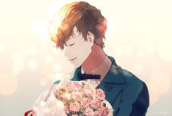 Rule 34 | 1boy, artist name, bouquet, bow, bowtie, brown hair, closed eyes, fantastic beasts and where to find them, flower, freckles, harry potter (series), kurosujuu, leaf, male focus, newt scamander, open mouth, solo, wizarding world