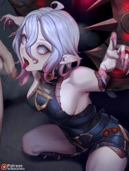 Rule 34 | 1boy, 1girl, absurdres, ahoge, artist name, bare shoulders, belt, black belt, breasts, briar (league of legends), censored, chained wrists, colored sclera, fingernails, grey eyes, grey hair, grey nails, hair between eyes, hetero, highres, kumiko shiba, large breasts, league of legends, multicolored hair, nail polish, patreon username, penis, pink hair, pink sclera, pointy ears, saliva, sharp fingernails, short hair, squatting, teeth, testicles, tongue, tongue out, two-tone hair, upper teeth only