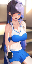 Rule 34 | 1girl, absurdres, alternate costume, armpit crease, bare arms, bare shoulders, black hair, blue eyes, blue hair, blue shirt, blue skirt, blunt bangs, blurry, blurry background, breasts, cellphone, cheerleader, cleavage, collarbone, colored inner hair, crop top, depth of field, ear piercing, earrings, fangs, hair intakes, hand up, highres, holding, holding phone, hololive, hololive english, jewelry, large breasts, lessone, long hair, looking at viewer, midriff, miniskirt, multicolored hair, navel, open mouth, ouro kronii, phone, piercing, pleated skirt, shirt, sitting, skirt, sleeveless, sleeveless shirt, smartphone, smile, solo, stairs, stomach, stud earrings, two-tone shirt, very long hair, virtual youtuber, white shirt
