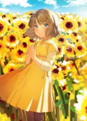 Rule 34 | 1girl, absurdres, blue eyes, blurry, blurry background, brown hair, day, dress, feet out of frame, field, flower, flower field, highres, holding, holding flower, idolmaster, idolmaster million live!, kyahagood, looking at viewer, outdoors, own hands together, short hair, smile, solo, standing, sunflower, suou momoko, wind, yellow dress